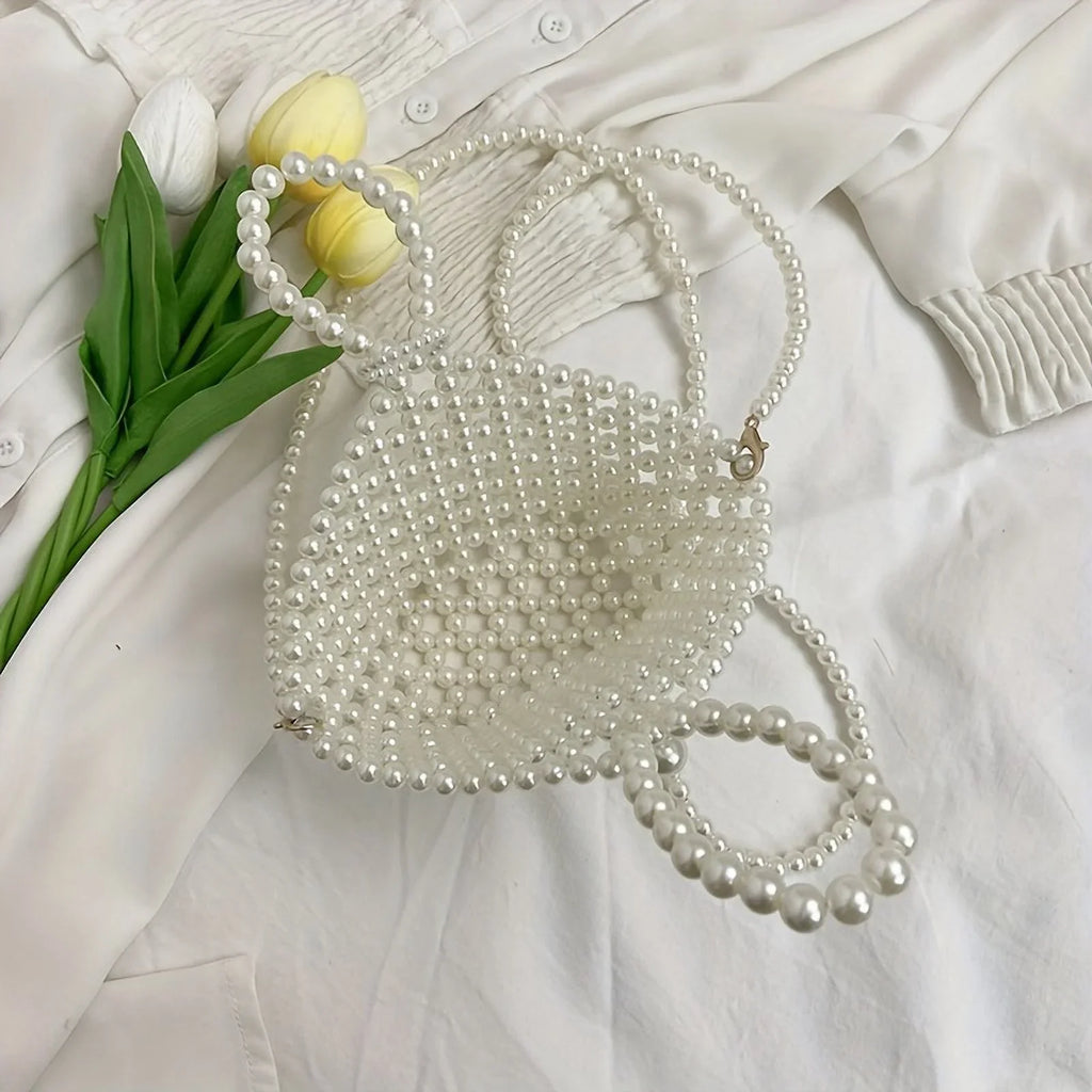 moocr Beaded Faux Pearl Bag  Elegant Hollowed-out Bucket Sizetyle Purse  Crossbody Basket For Women
