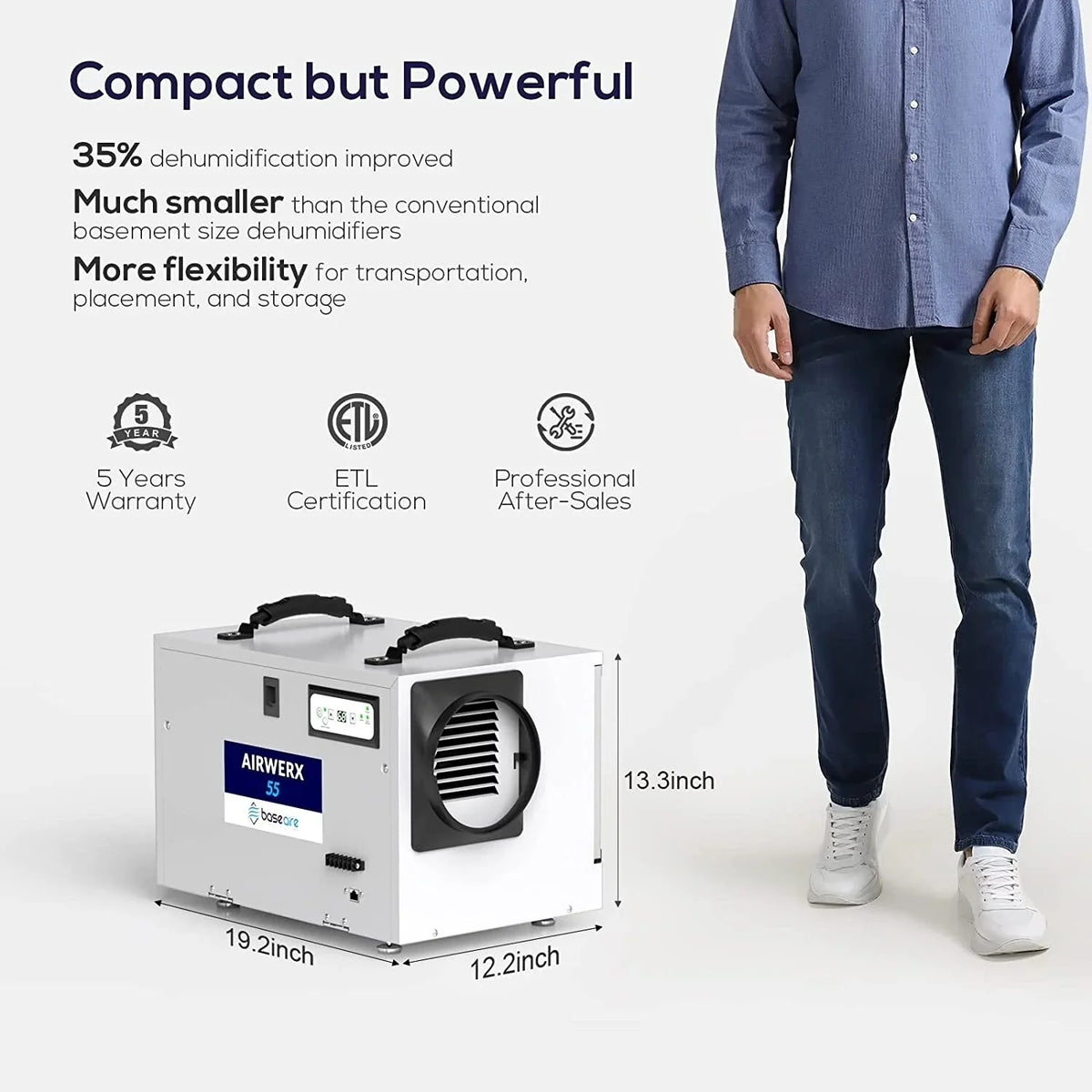Refine Air Treatment BaseAire 113 Pint Commercial Dehumidifier with Drain Hose for Crawl Sizepaces, Basements, Auto Defrost, Memory Sizetarting