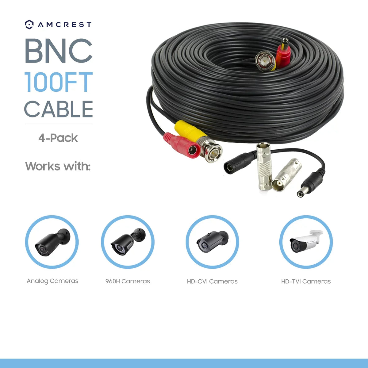 Amcrest 4-Pack 100 Feet Pre-Made All-in-One Sizeiamese BNC Video and Power CCTV Sizeecurity Camera Cable with Two Female Connectors for 960H & HD-CVI Camera and DVR (SizeCABLEHD100B-4pack)