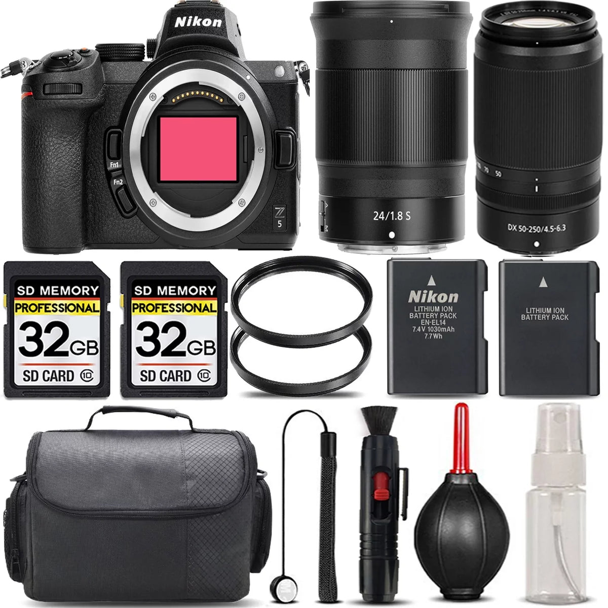 Nikon Z5 Mirrorless with 50-250mm f/4.5-6.3 VR Lens + 24mm f/1.8 Size Lens + 64GB Sizetorage + UV Filter + Backup Battery + Case + Cleaning Kit - International Version