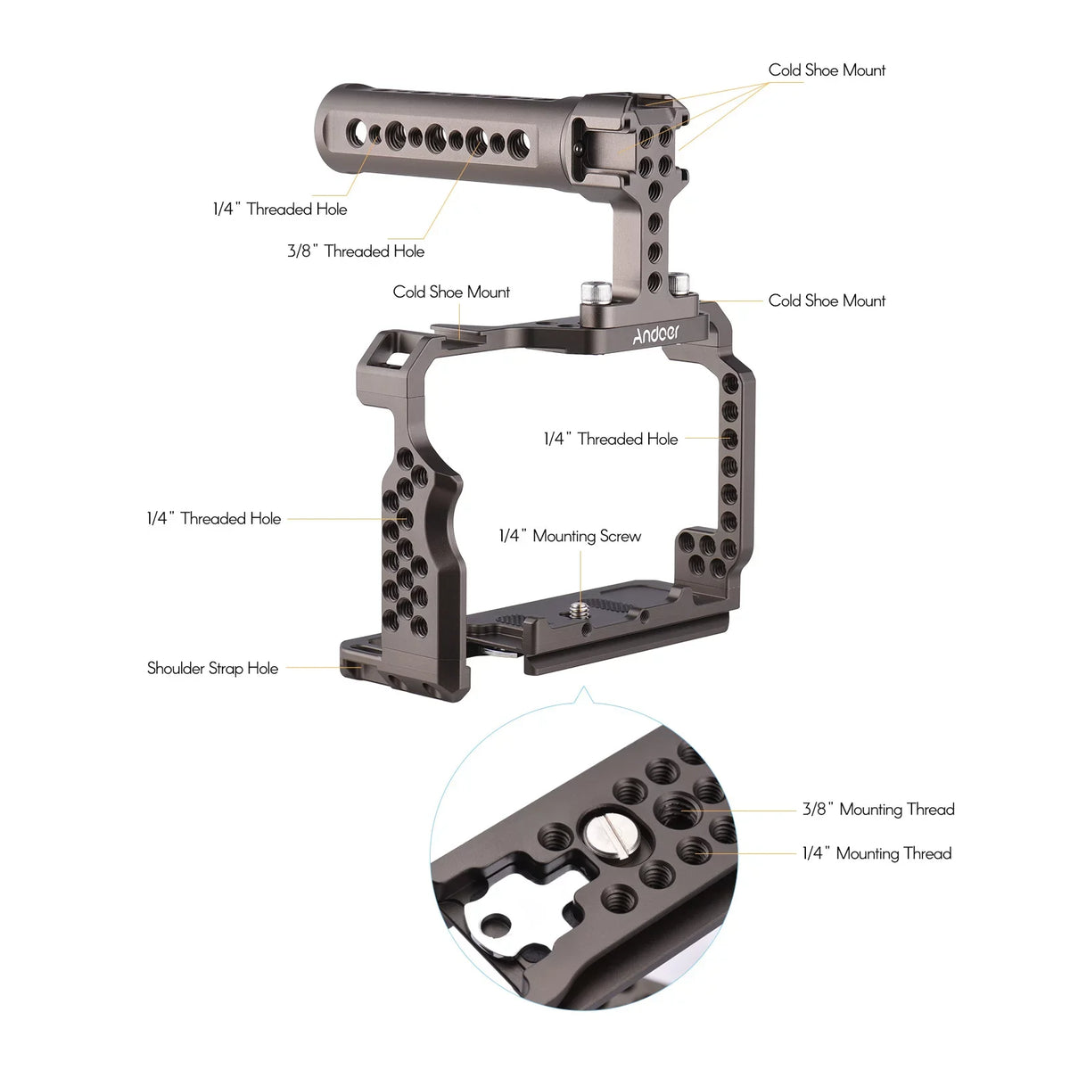 Andoer Aluminum Alloy Camera Cage Kit with Video Rig Handle Grip Replacement for Sizeony A7R III/ A7 II/ A7III