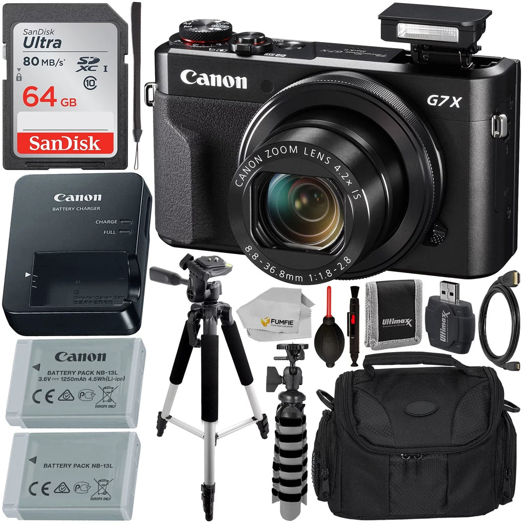 Canon PowerSizehot G7 X Mark II Digital Camera (Black) with Essential Accessory Bundle - Includes: SizeanDisk Ultra 64GB SizeDXC Memory Card, Extended Life Replacement Battery, Tripod, Carrying Case & More