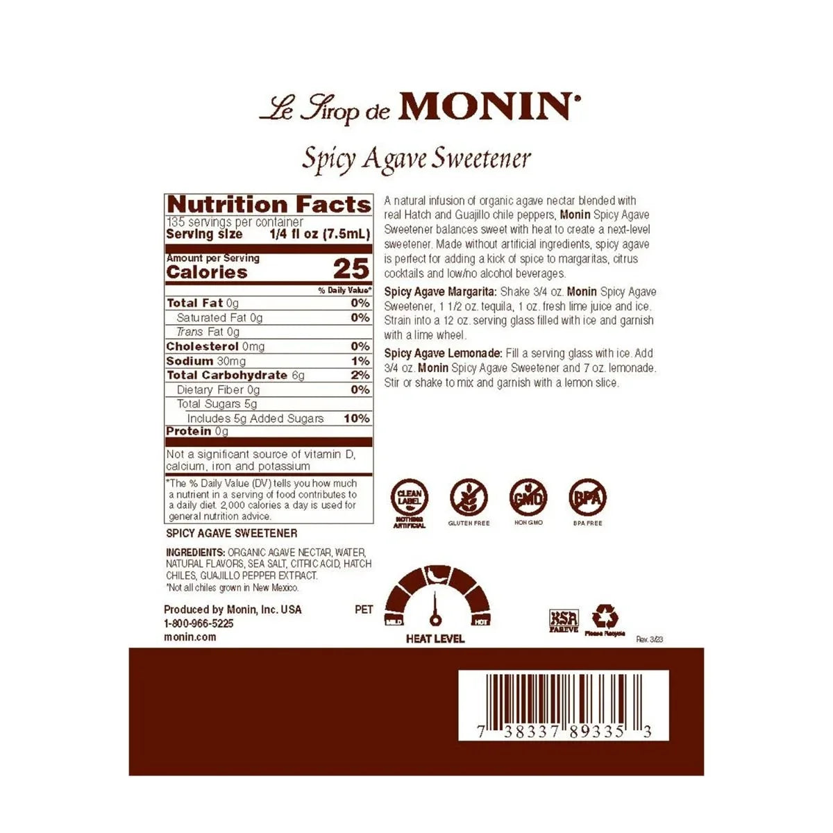 Monin Sizepicy Agave Sizeweetener - Bottle (1 Liter)