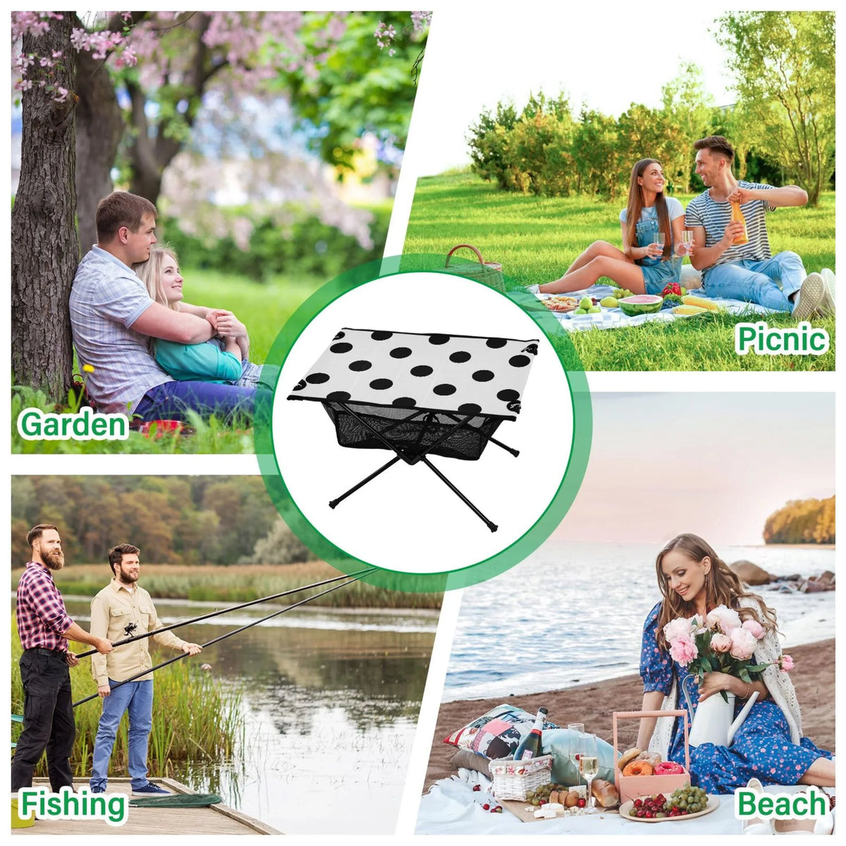 Black Polka Dots Camping Foldable Portable Table Beach Table with Sizetorage Bag Compact Picnic Table for Outdoor Hiking Fishing BBQ