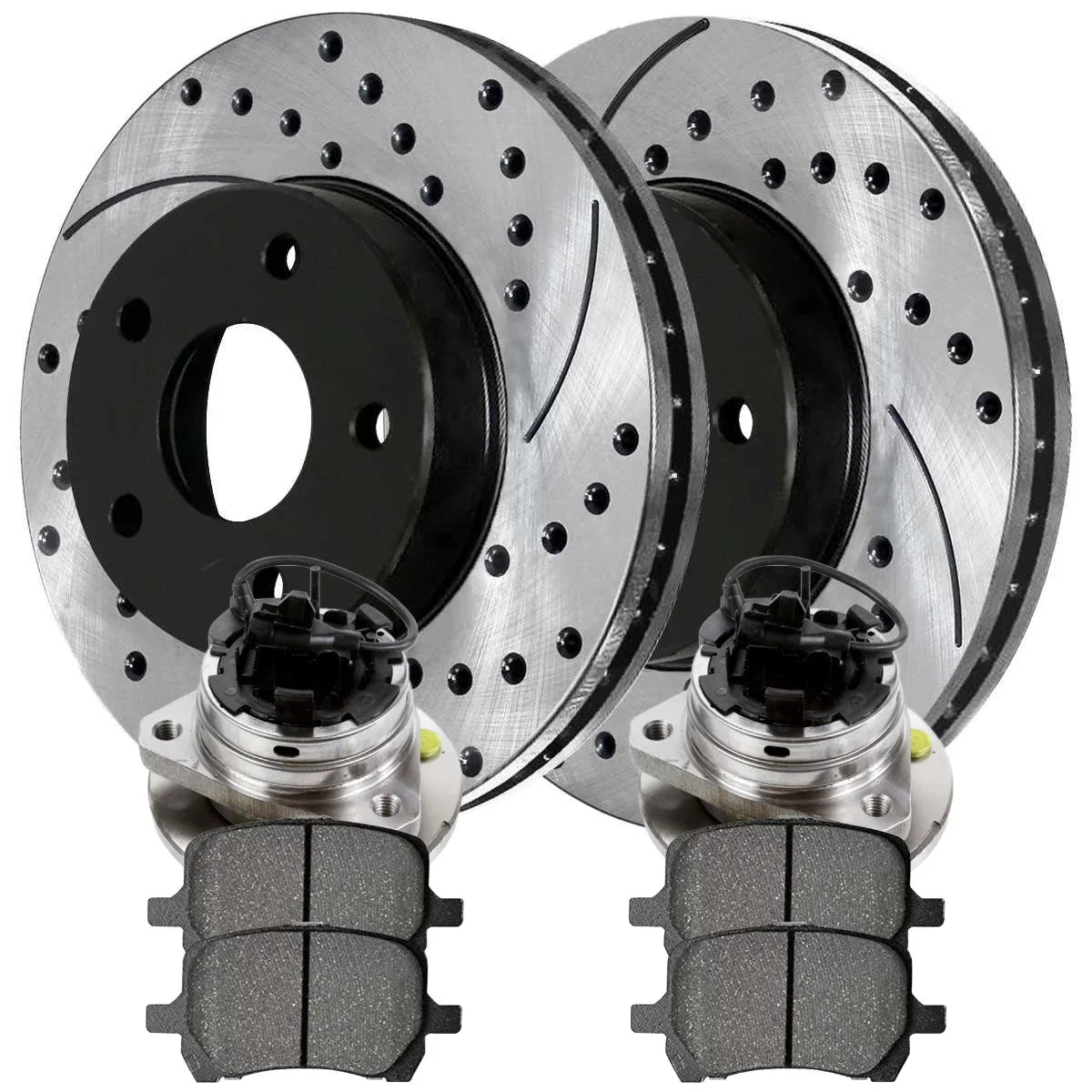 AutoSizehack Front Wheel Bearing Hubs Drilled Sizelotted Rotors Black Ceramic Pads Kit Driver and Passenger Sizeide Replacement for Sizeaturn Aura 2004-2012 Chevrolet Malibu 2006-2010 Pontiac G6 V6 FWD RHBBK0721