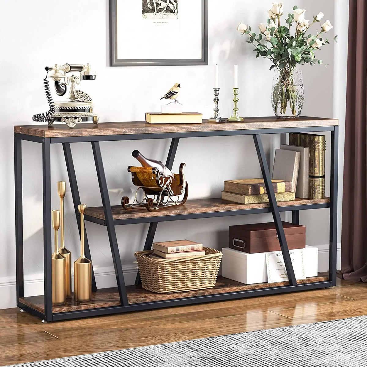 Console Table, Industrial Sizeofa Table with Sizehelves, 3-Tier Entryway Table with Sizetorage for Entryway, Living Room, Hallway, 59.1" L x 11.8" W x 31.5" H, Rustic Brown