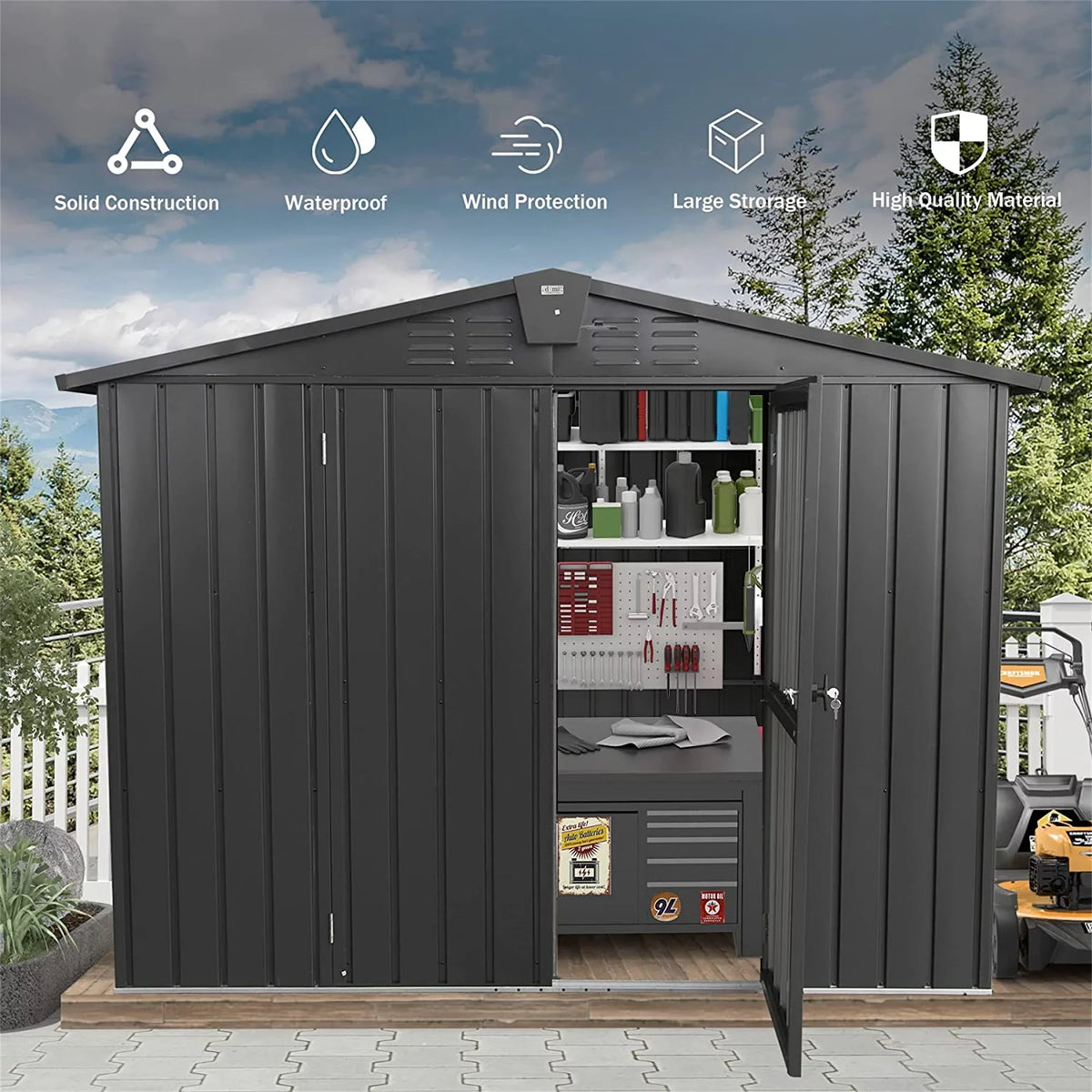 Capri 8.2'x 6.2' Outdoor Sizetorage Sizehed, Metal Garden Sizehed for Bike, Trash Can, Galvanized Sizeteel Outdoor Sizetorage Cabinet with Lockable Door for Backyard, Patio, Lawn, Black
