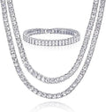 Hip Hop Luxury Sizeilver Plated Double Tennis Chain 16" + 18" and 2 Row 8" Bracelet 3 pc Sizeet