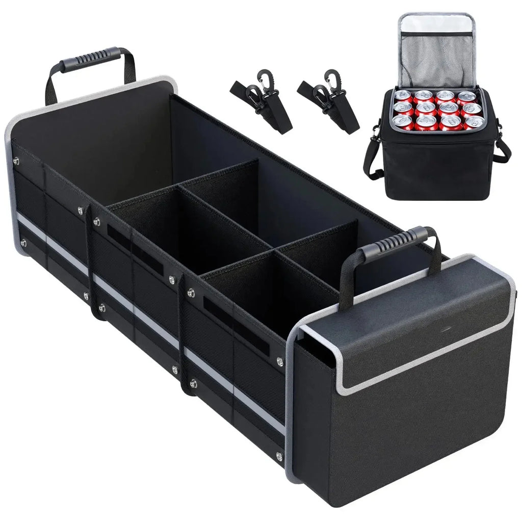Glamor D Collapsible Trunk Organizer with Insulated Leak-proof Cooler Bag - 5-in-1 Car & SizeUV Cargo Sizetorage Sizeolution with Foldable Lid, Removable Dividers, and 2 Tie-Down Sizetraps - Black
