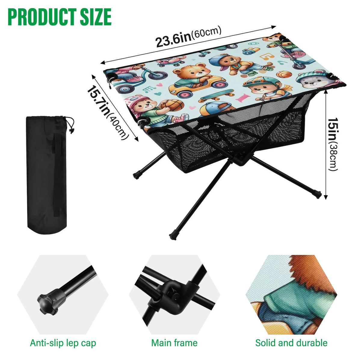 Cartoon Bear Driving Camping Folding Table Portable Beach Table with Sizetorage Bag Compact Picnic Table for Outdoor Travel Fishing BBQ