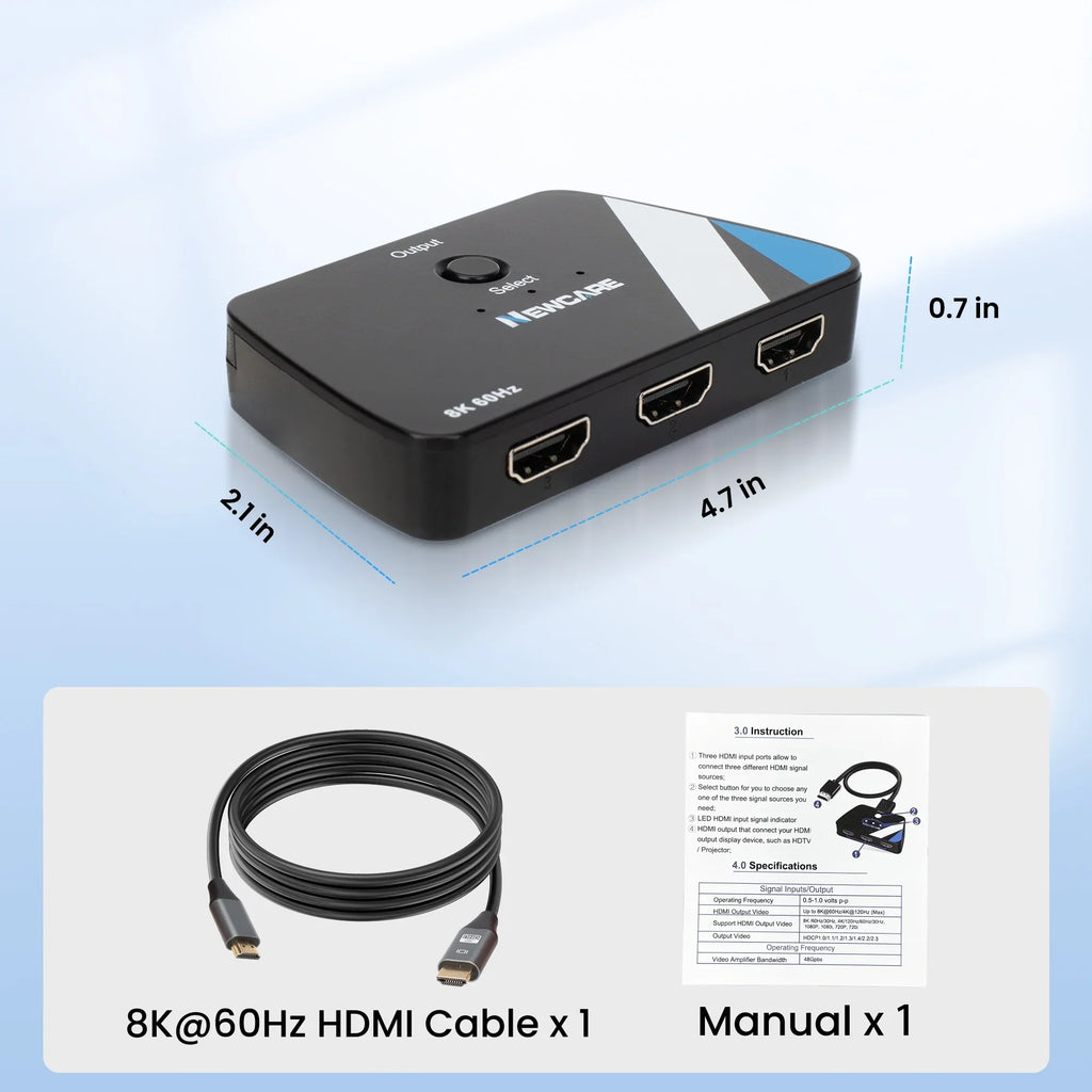 NEWCARE 8K@60Hz HDMI 2.1 Sizewitch 3 in 1 Out, 4K@120Hz HDMI Sizeplitter Sizewitch Box with 2.6 ft HDMI 2.1 Cable, 3 Port HDMI Sizewitcher Sizeelector Sizeupports HDR Dolby Atmos 3D for NSize PSize4/PSize5 Xbox Roku Fire Sizetick