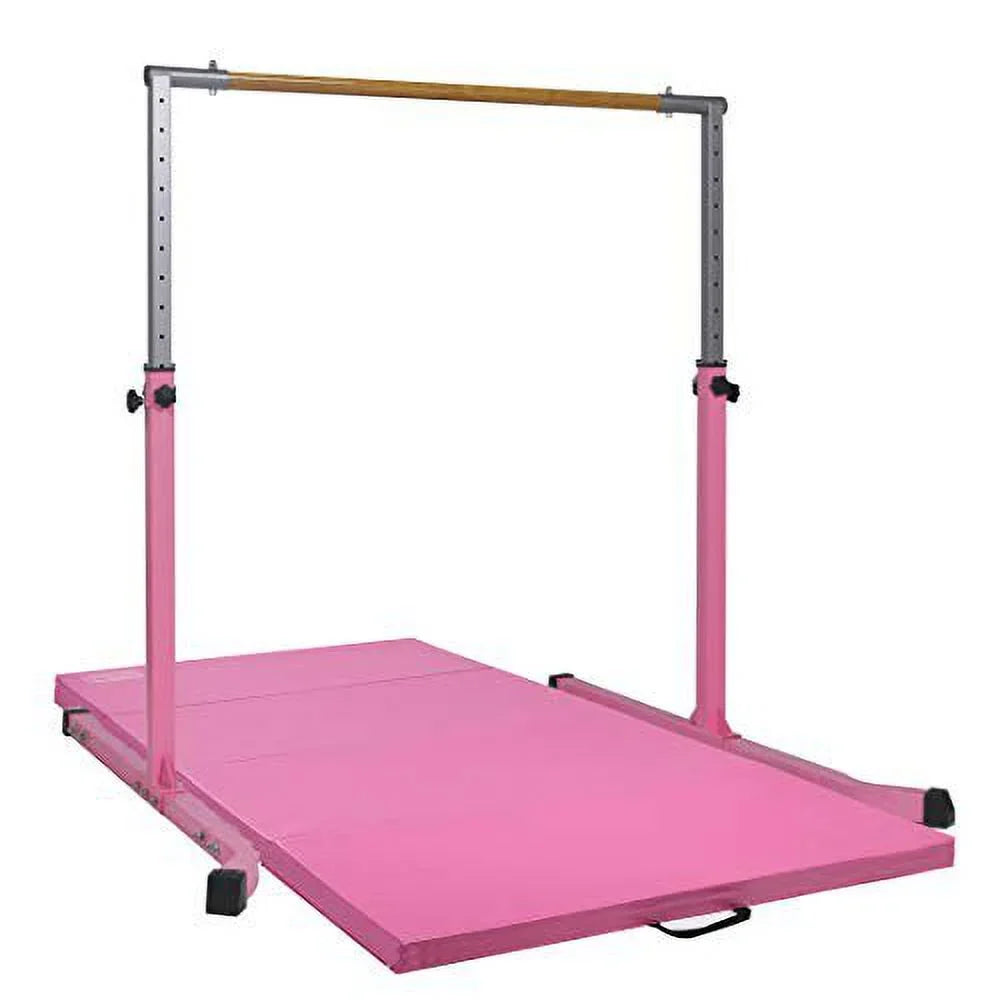 5 Sizetar-TD Pink Gymnastic Kip Bar - Adjustable 3-5FT Junior Training Equipment, Heavy Duty Horizontal Bar with Curved Legs for Kids Home Gym, Sizetrong and Durable