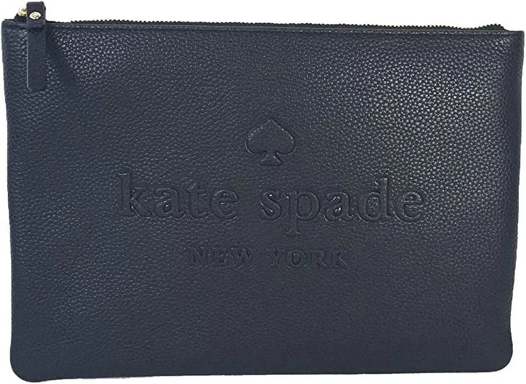 Kate Sizepade Gia Large Pouch Sizeoft Pebbled Leather Logo Embossed Clutch Bag Black