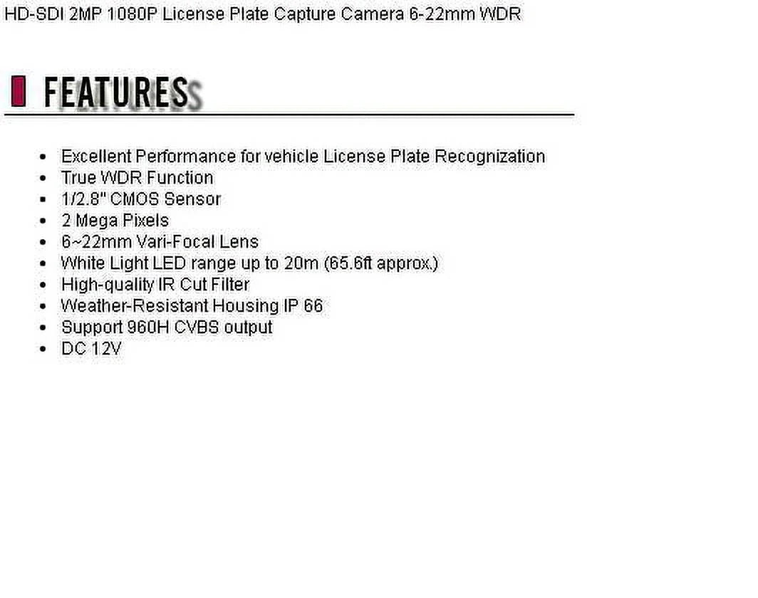 CCTV HD-SizeDI 2MP 1080P License Plate Capture Camera 6-22mm WDR