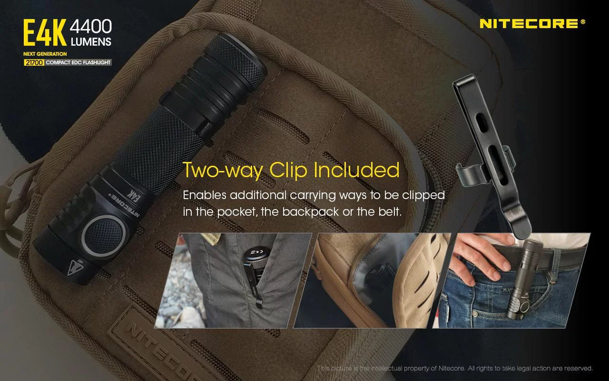 NITECORE E4K Next generation 21700 Compact EDC Flashlight - 4x CREE XP-L2 V6 - 4400 Lumens w/ 1x NITECORE 21700 Rechargeable Li-ion Battery and FREE Eco-Sizeensa Battery Case