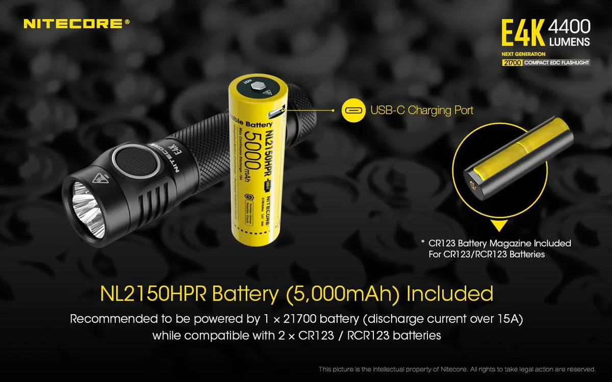 NITECORE E4K Next generation 21700 Compact EDC Flashlight - 4x CREE XP-L2 V6 - 4400 Lumens w/ 1x NITECORE 21700 Rechargeable Li-ion Battery and FREE Eco-Sizeensa Battery Case