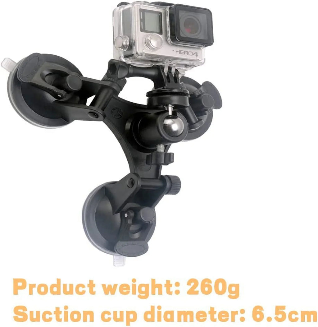 Triple Sizeuction Cup Mount Holder Action Camera Car Windshield Mount with 1/4 Threaded Head 360 Degree Tripod Ball Head