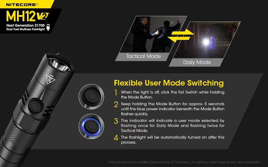 Combo: Nitecore MH12 V2 CREE XP-L2 V6 LED Flashlight -1200 Lumens -21700 Battery (Included) + NL2150HPi 21700 5000mAh Battery